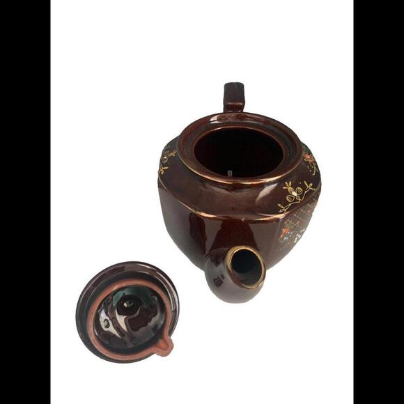 Vintage Brown Betty Redware Hand Painted Teapot Made in Japan Gold Red White - Picture 5 of 12
